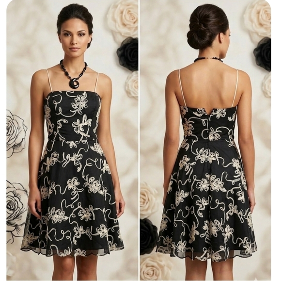 Roberta Bridal Dresses & Skirts - Roberta Black & Cream Floral Embroidered Boho Spaghetti Strap Mini Dress